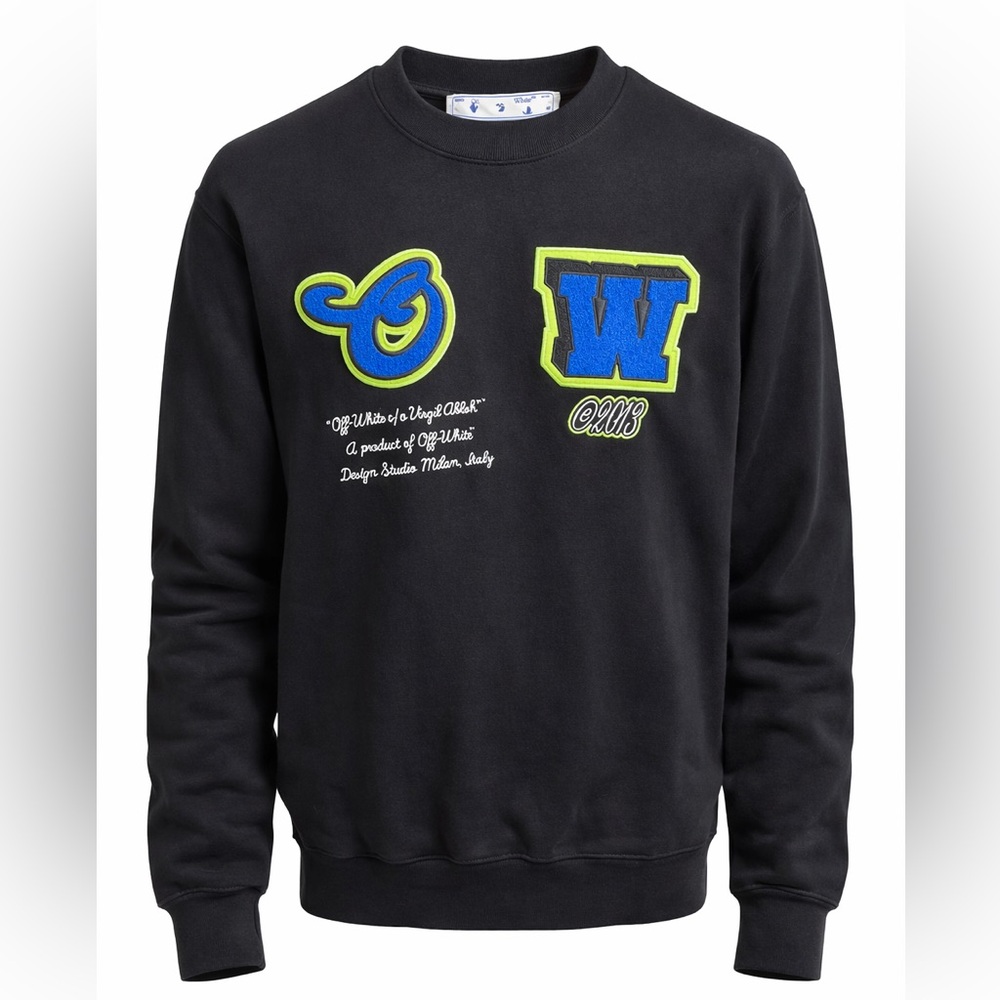 Off-White Black Crewneck Sweatshirt w/Blue and Green Patches | Luxury Designer